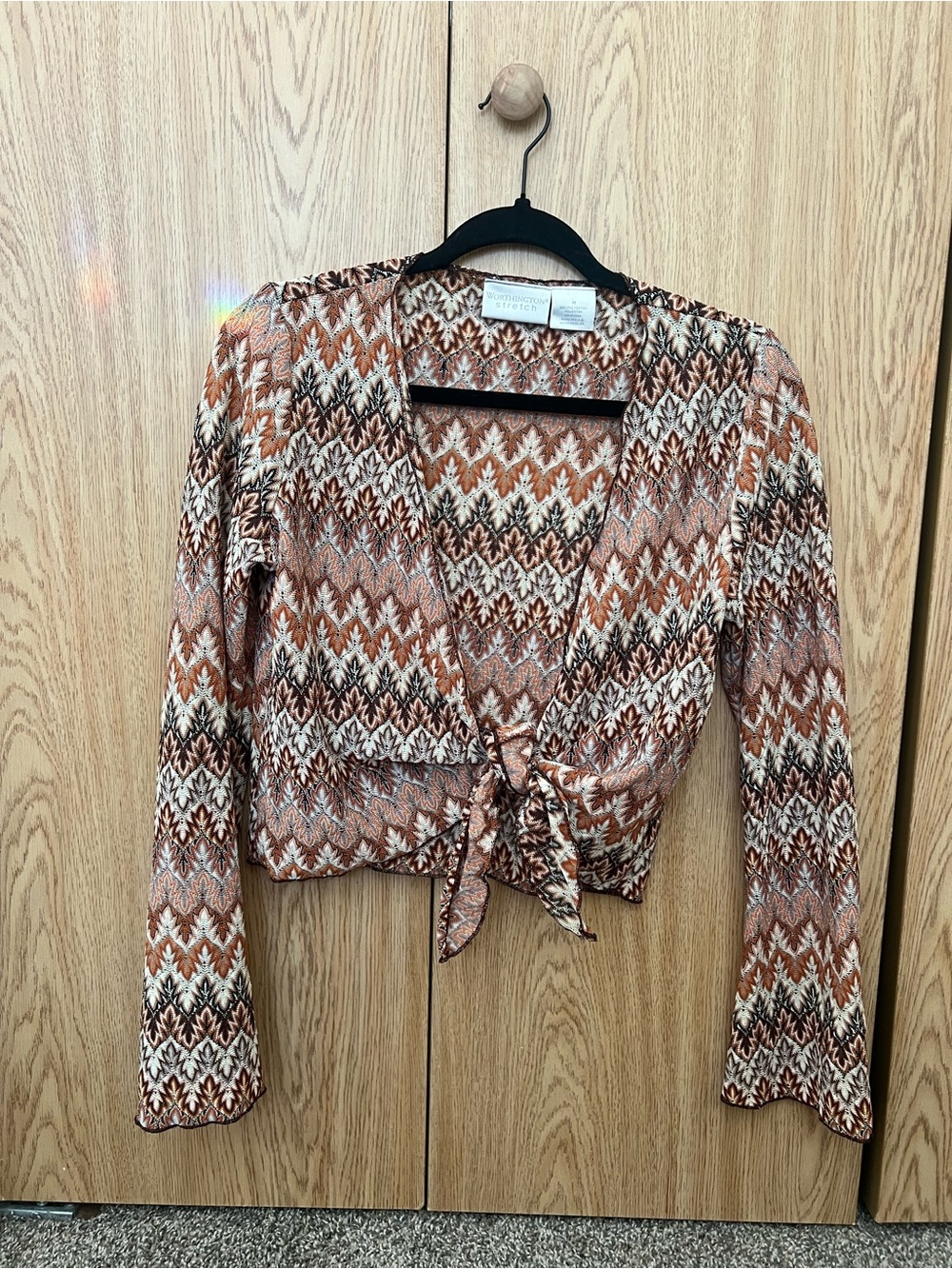Worthington Rust Multi Chevron Tie-Front Crop Top